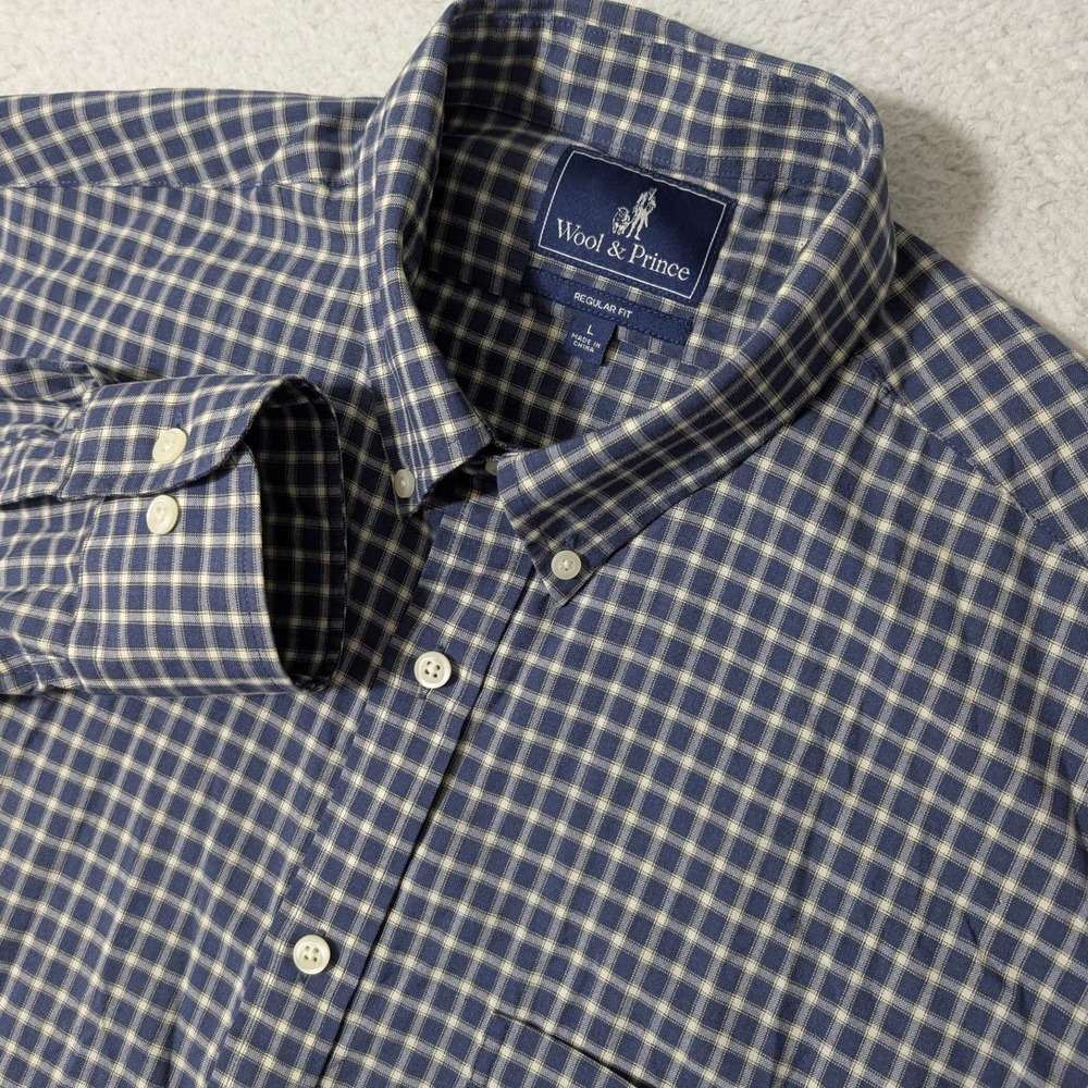 Wool & Prince Button Down Shirt Mens L Blue Check Merino Wool L/S Regular Fit